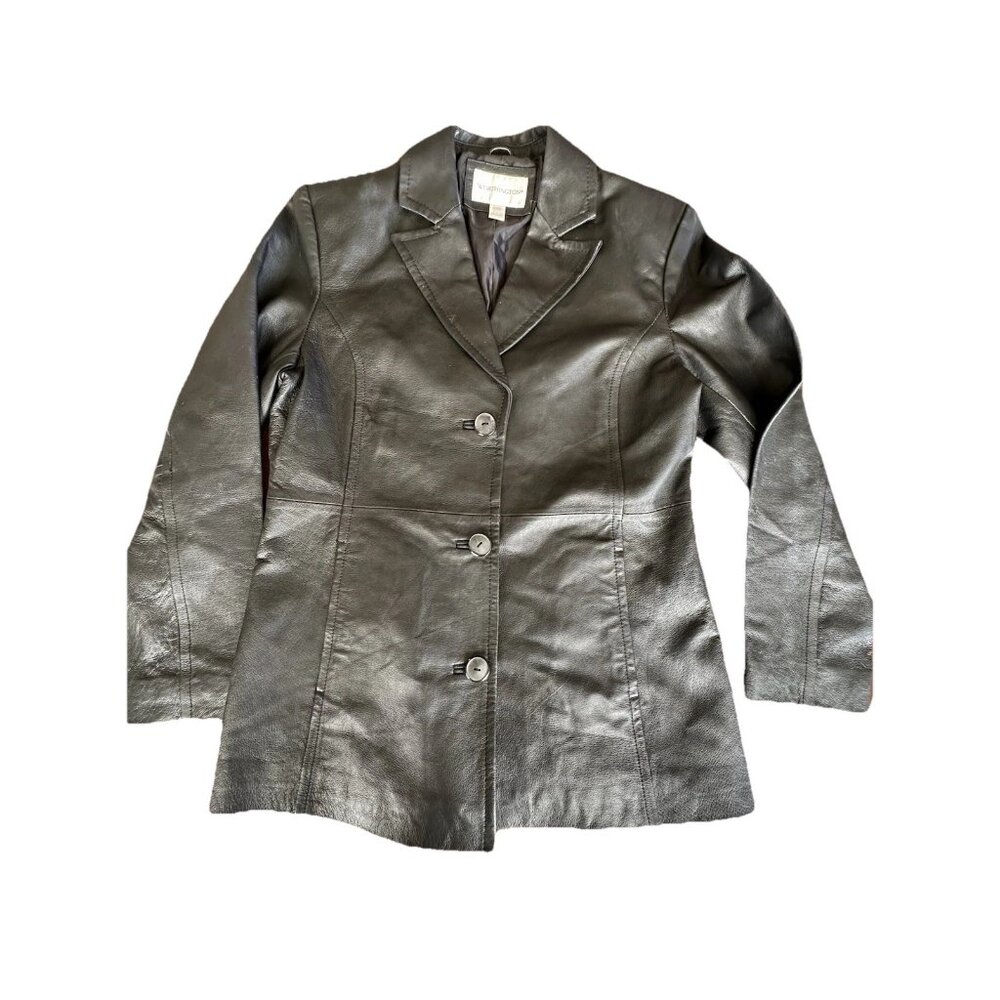 Women’s Worthington Black Leather Jacket – Medium | Button-Up Mid-Length